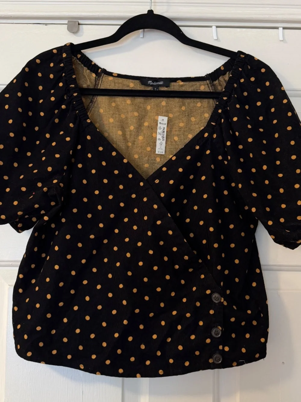 NWT Madewell Polka Dot Puff Sleeve Blouse Women's Small Black Brown Cotton VNeck